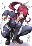  1girl bangs black_jacket breasts cleavage collarbone fangs grey_ribbon hair_over_one_eye hair_ribbon highres holding holding_knife jacket knife kobayashi_rindou large_breasts long_hair long_sleeves looking_at_viewer ponytail red_hair ribbon saeki_shun school_uniform shoes shokugeki_no_souma simple_background sleeves_past_wrists slit_pupils solo squatting teeth tongue tongue_out translation_request white_background yellow_eyes 