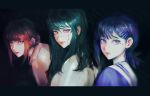  3girls bangs black_background black_hair blue_eyes blue_hair chainsaw_man dress hair_ornament hairclip higashiyama_kobeni highres kozzz_y letterboxed long_hair looking_at_viewer makima_(chainsaw_man) medium_hair mitaka_asa mole mole_under_eye multiple_girls red_eyes red_hair ringed_eyes sailor scar scar_on_cheek scar_on_face sidelocks simple_background single_sidelock war_devil_(chainsaw_man) white_dress yoru_(chainsaw_man) 