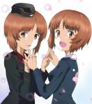  2girls :d garrison_cap girls_und_panzer hat highres kayabakoro kuromorimine_military_uniform multiple_girls nishizumi_miho ooarai_military_uniform orange_eyes orange_hair short_hair simple_background smile 