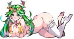  1girl breasts elbow_rest enpe forehead_jewel full_body gold green_eyes green_hair grin highres kid_icarus large_breasts laurel_crown long_hair looking_at_viewer lying nude on_stomach palutena simple_background single_thighhigh smile solo teeth the_pose thighhighs tiara vambraces white_background white_thighhighs 