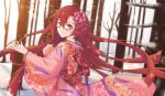 1girl altheavin floating_hair floral_print flower glasses hair_flower hair_ornament highres japanese_clothes kimono labyrista labyrista_(real)_(princess_connect!) long_sleeves looking_at_viewer outdoors pink_kimono princess_connect! red_eyes red_hair smile snow solo tree wind 