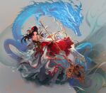 1girl absurdres black_hair dragon dungeon_and_fighter female_priest_(dungeon_and_fighter) flower full_body grey_background hair_bun hair_flower hair_ornament highres holding holding_staff keto_cactus leg_up long_hair looking_to_the_side official_art orb parted_lips shaman_(dungeon_and_fighter) smoke solo staff teeth yin_yang yin_yang_orb 