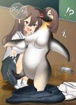  2020 ?! airotf avian beak bird bodily_fluids bottomwear breasts brown_hair clothing crouching dialogue duo featureless_breasts female hair hi_res human japanese_text looking_down mammal nude on_one_leg open_mouth penguin school_uniform skirt smile species_transformation standing surprise tears text transformation uniform 