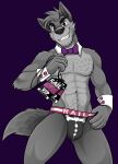  2022 5_fingers abs anthro athletic athletic_anthro athletic_male black_nose bow_tie brown_eyes canid canine canis clothing clothing_pull cooper_estevez countershading cuff_links english_text fingers fur grey_body grey_fur grin hi_res holding_object huffaromas jackaloo jockstrap jockstrap_only jockstrap_pull lanyard looking_at_viewer male mammal naughty_face seductive smile solo standing text text_on_jockstrap underwear underwear_pull wolf 