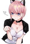  1girl bangs black_choker blue_eyes blush breasts choker closed_mouth collarbone commentary go-toubun_no_hanayome highres large_breasts looking_at_viewer mame1645 nakano_ichika pink_hair short_hair short_sleeves sketch smile solo symbol-only_commentary upper_body 