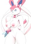  absurd_res anthro blue_eyes breasts eeveelution female generation_6_pokemon genitals hand_behind_back hi_res looking_at_viewer nintendo nipples nude pilu_(artist) pokemon pokemon_(species) pokemorph pussy simple_background solo sylveon thick_thighs video_games white_background white_body 