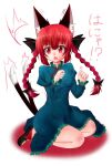 1girl animal_ears braid cat_ears chestnut_mouth dress full_body hands_up kaenbyou_rin leon_no_neko multiple_tails nekomata paw_pose red_eyes red_hair seiza simple_background sitting solo tail touhou twin_braids two_tails white_background 