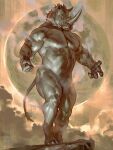  3:4 abs anthro arms_out cloud hi_res male mammal monochrome moon muscular nipples nude obscured_penis pose rhinocerotoid sepia solo standing taran_fiddler white_eyes 