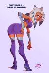  2022 2:3 ahsoka_tano alien alien_humanoid bent_over blue_eyes boots breasts butt clone_wars clothed clothing cosplay crossover crossover_cosplay dc_comics english_text facial_markings female footwear hand_on_hip head_markings head_tails hi_res humanoid legwear lekku_(anatomy) looking_at_viewer looking_back looking_back_at_viewer markings not_furry orange_body orange_skin rockbottomfeeder solo star_wars starfire_(teen_titans) teen_titans text thigh_boots thigh_highs togruta 