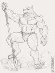  abs anthro bulge canid canine canis claws clothing hi_res hybrid looking_at_viewer male mammal melee_weapon monochrome muscular muscular_anthro muscular_male nipples pecs polearm protonano solo spear toe_claws traditional_media_(artwork) underwear ursid weapon wolf 