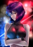  1girl bangs bare_arms black_gloves collarbone crop_top fingerless_gloves ghost_in_the_shell gloves hair_between_eyes highres kaijin-m kusanagi_motoko looking_at_viewer midriff parted_lips purple_hair red_eyes shiny shiny_hair short_hair solo stomach straight_hair upper_body 