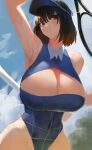  1girl absurdres arm_up bangs bare_shoulders blue_leotard blue_sky breasts brown_eyes brown_hair cleavage cleavage_cutout clothing_cutout covered_navel highres huge_breasts leotard original outdoors racket rororo short_hair sky sportswear sweat tennis_racket tennis_uniform thick_thighs thighs visor_cap 