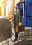  1boy beard black_footwear brown_eyes brown_hair facial_hair feathers gold_trim green_vest highres long_sleeves male_focus outdoors panmijin99 pants pixiv_fantasia_scepter_of_zeraldia rex_ferdinand shadow sign standing suitcase vest 