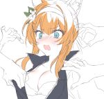  1girl animal_ears blue_archive blue_eyes blush bra breasts cleavage disembodied_limb flower hair_flower hair_ornament hairband jacket king_maguro long_hair mari_(blue_archive) medium_breasts open_clothes open_jacket open_mouth orange_hair sketch solo_focus underwear 