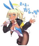  1girl :d animal_ears black_jacket black_pantyhose blonde_hair blue_archive blue_eyes breasts cleavage dark-skinned_female dark_skin green_nails halo highres holding holding_microphone jacket kyuuri_(miyako) large_breasts microphone nail_polish open_clothes open_jacket pantyhose playboy_bunny ponytail rabbit_ears rabbit_tail shinon_(blue_archive) smile solo star-shaped_pupils star_(symbol) symbol-shaped_pupils tail watermark 