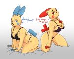  anthro athletic athletic_female bedroom_eyes biped black_nose blue_ears blue_eyes breasts clothing duo english_text female female/female generation_3_pokemon hi_res lingerie looking_at_viewer minun narrowed_eyes nintendo plusle pokemon pokemon_(species) red_ears red_eyes rodd.y seductive simple_background smile text thick_thighs video_games wide_hips yellow_body 