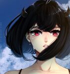  1girl antenna_hair black_clover black_hair blue_background blue_sky crying crying_with_eyes_open demon_horns highres horns nero_(black_clover) red_eyes secre_swallowtail short_hair sky solo tears victor_drawnz 