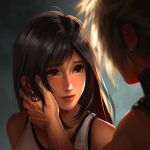  1boy 1girl absurdres bare_shoulders black_hair blonde_hair caress cloud_strife earrings final_fantasy final_fantasy_vii final_fantasy_vii_remake hand_on_another&#039;s_face highres jewelry lips long_hair looking_at_another red_eyes safaiaart smile spiked_hair tank_top tifa_lockhart upper_body white_tank_top 