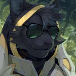  1:1 absurd_res anthro armor bust_portrait cheek_tuft clothed clothing corzh77 domestic_cat eyewear facial_tuft felid feline felis fur grey_body grey_clothing grey_ears grey_fur grey_hair grey_inner_ear_fluff hair hi_res inner_ear_fluff male mammal mouth_closed obscured_eyes outside plant portrait solo sunglasses tan_clothing tree tuft unsigned yellow_clothing 