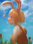  1girl absurdres animal_ears blonde_hair blue_sky blurry blurry_background blurry_foreground breasts bug butterfly carrot_(one_piece) cloud cloudy_sky dress flower from_side highres large_breasts machida_0906 one_piece rabbit_ears rabbit_girl red_eyes short_hair sky sleeveless smile solo upper_body 