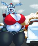  anthro ashley_(sandslash) big_breasts breasts car clothed clothing eeveelution female fully_clothed generation_4_pokemon glaceon hand_gesture hi_res huge_breasts looking_at_viewer navel nintendo nipple_outline overweight overweight_anthro overweight_female pokemon pokemon_(species) solo thebigbadwolf01 thick_thighs tongue tongue_out vehicle video_games 