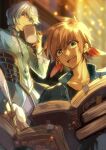  2boys :d bangs blue_jacket brown_hair closed_mouth collarbone cup earrings feather_earrings feathers grey_eyes hair_between_eyes holding holding_cup jacket jewelry jodesu long_sleeves male_focus mikleo_(tales) multiple_boys open_mouth quill red_feathers short_hair smile sorey_(tales) tales_of_(series) tales_of_zestiria writing 