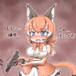  1girl animal_costume animal_ear_fluff animal_ears blue_eyes bow bowtie caracal_(kemono_friends) elbow_gloves extra_ears gloves gun highres kemono_friends kemono_friends_v_project long_hair mav3ygpryecvfu2 microphone multicolored_hair open_mouth orange_hair parody resident_evil shirt simple_background skirt sleeveless sleeveless_shirt solo tail tears virtual_youtuber weapon white_shirt 