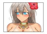  bangs bikini blush breasts cleavage collar cook-kantoku fate/grand_order fate_(series) flower flying_sweatdrops grey_hair hair_flower hair_ornament huge_breasts jewelry long_hair looking_down looking_to_the_side sweatdrop swimsuit tan white_bikini zenobia_(cruising_date)_(fate) zenobia_(fate) 