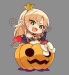  1girl black_gloves blonde_hair character_request crown full_body gloves green_eyes halloween jack-o&#039;-lantern long_hair looking_at_viewer mini_crown mota navel open_mouth pointy_ears pumpkin simple_background smile solo wings 