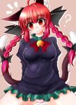  1girl :3 ? animal_ears bell braid breasts cat_ears head_tilt jingle_bell kaenbyou_rin large_breasts leon_no_neko looking_at_viewer multiple_tails neck_bell nekomata notice_lines outline panties pink_panties red_eyes red_hair simple_background solo tail touhou twin_braids two_tails underwear white_outline 