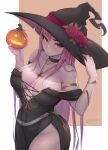  1girl artist_name black_dress breasts cleavage dress flower halloween hat hat_flower highres hololive hololive_english jack-o&#039;-lantern large_breasts long_dress mori_calliope myth1carts pumpkin red_eyes red_flower thick_thighs thighs twitter_username witch witch_hat 