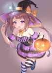  1girl absurdres animal_ears arm_garter bangs bare_shoulders black_headwear blush bow bowtie breasts brown_background brown_hair cleavage corset dress ears_through_headwear hair_rings hat highres holding holding_wand horse_ears jack-o&#039;-lantern leg_up long_hair looking_at_viewer purple_dress purple_eyes sketchman_chan small_breasts solo standing standing_on_one_leg strapless strapless_dress striped striped_thighhighs sweep_tosho_(umamusume) thighhighs twintails umamusume wand witch_hat 