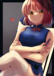 1girl absurdres bag blue_dress brown_eyes china_dress chinese_clothes closed_mouth crossed_arms crossed_legs dress grey_background hair_between_eyes heart highres holding holding_syringe kohaku_(tsukihime) looking_at_viewer red_hair shimotsukishin short_dress short_hair sitting sleeveless sleeveless_dress smile solo syringe thighhighs tsukihime white_thighhighs 
