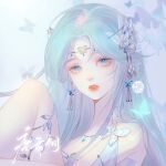  1girl artist_request bare_legs blue_eyes blue_hair braid bug butterfly douluo_dalu earrings glowing_butterfly hair_ornament highres jewelry leg_up long_hair looking_at_viewer necklace parted_lips second-party_source single_hair_ring solo tang_wutong_(douluo_dalu) upper_body 