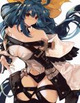  1girl absurdres bangs bare_shoulders belt black_panties black_thighhighs blue_hair breasts choker cleavage clothing_cutout collarbone detached_collar detached_sleeves dizzy_(guilty_gear) found_modori guilty_gear guilty_gear_xrd hair_between_eyes hair_ribbon hair_rings highres large_breasts long_sleeves mature_female midriff monster_girl navel open_mouth panties red_eyes ribbon shaded_face sidelocks solo tail thick_thighs thigh_strap thighhighs thighs twintails underwear white_background wide_sleeves yellow_ribbon 