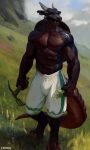  2022 anthro black_body black_scales bottomwear brown_body brown_scales chunie claws clothing detailed_background digital_media_(artwork) dragon hi_res holding_object horn looking_aside male muscular muscular_anthro muscular_male nipples outside pants pecs scales scalie shirtless solo western_dragon 