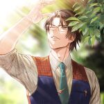  1boy adam&#039;s_apple aqua_necktie brown_hair character_request clip facing_viewer formal glasses granblue_fantasy hand_up looking_up male_focus necktie one_eye_closed panmijin99 parted_lips short_hair sleeves_rolled_up solo suit sunlight upper_body 