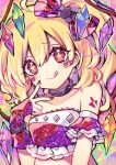  1girl :q alternate_costume bare_shoulders blonde_hair facepaint facial_mark flandre_scarlet gloves heart heart_tattoo highres kyouda_suzuka looking_at_viewer nail_polish pink_nails red_nails solo tattoo tongue tongue_out touhou v wings 