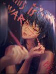  1girl bangs bare_shoulders black_hair chainsaw_man cross_scar highres kozzz_y lipstick long_hair looking_at_mirror makeup mirror mitaka_asa red_eyes reflection scar scar_on_cheek scar_on_face solo war_devil_(chainsaw_man) yoru_(chainsaw_man) 