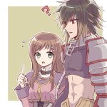  1boy 1girl abs albel_nox breasts brown_hair green_eyes hair_ornament hairclip index_finger_raised long_hair open_mouth red_eyes sophia_esteed star_ocean star_ocean_till_the_end_of_time 