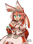  1girl artist_name blue_eyes breasts clover dated dress elphelt_valentine four-leaf_clover gloves guilty_gear guilty_gear_xrd hounori looking_at_viewer open_mouth pink_hair short_hair simple_background smile solo spikes white_background 