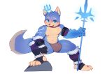  abs absurd_res anthro areola biped blue_body blue_eyes blue_fur blush blush_lines bottomwear bulge clothed clothing cydonia_xia fur hi_res ice male mammal melee_weapon multicolored_body multicolored_fur multicolored_tail navel nipples open_mouth partially_clothed pecs polearm rock simple_background solo staff trident weapon white_body white_fur 