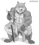  abs absurd_res anthro canid canine canis claws ear_piercing facial_piercing fangs hi_res looking_at_viewer male mammal melee_weapon monochrome muscular muscular_anthro muscular_male nipple_piercing nipples nose_piercing paws piercing pirate protonano scar simple_background sitting solo sword toe_claws weapon white_background wolf 