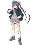  1girl alternate_costume aqua_headwear black_jacket black_ribbon commentary_request full_body garrison_cap gloves grey_eyes grey_hair grey_sweater hair_ornament hair_ribbon hand_in_pocket hat highres jacket kantai_collection ld_(luna_dial398) long_hair looking_at_viewer open_clothes open_jacket ribbon scamp_(kancolle) shorts side_ponytail solo standing star_(symbol) star_hair_ornament sweater torn_clothes torn_shorts white_gloves white_shorts 
