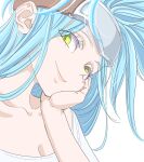  1girl blue_hair breasts chrono_trigger cleavage closed_mouth green_eyes headband long_hair looking_at_viewer queen_zeal s-a-murai simple_background smile solo white_background 