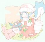  1girl 2016 bag beanie berry_(pokemon) blue_eyes blue_hair boots closed_mouth cloud coat dated dawn_(pokemon) duffel_bag grass hair_ornament hat katiko knee_boots kneehighs leppa_berry long_hair long_sleeves no_nose on_shoulder pachirisu pink_footwear pokemon pokemon_(creature) pokemon_(game) pokemon_dppt pokemon_on_shoulder pokemon_platinum red_coat riolu scarf sitting smile socks twitter_username white_bag white_headwear white_scarf white_socks wingull 