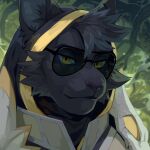  1:1 absurd_res anthro armor bust_portrait cheek_tuft clothed clothing corzh77 domestic_cat eyewear facial_tuft felid feline felis fur grey_body grey_clothing grey_ears grey_fur grey_hair grey_inner_ear_fluff hair hi_res inner_ear_fluff looking_at_viewer male mammal mouth_closed outside plant portrait pupils slit_pupils solo sunglasses tan_clothing tree tuft unsigned yellow_clothing yellow_eyes 