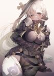  1girl absurdres armor armored_boots asymmetrical_clothes bangs blush bodysuit boots breastplate breasts covered_navel evaiyu fate/grand_order fate_(series) gauntlets green_hair grey_bodysuit grey_eyes hair_between_eyes hair_ornament hairpin high_collar highleg highres huyan_zhuo_(fate) large_breasts long_hair looking_at_viewer multicolored_hair pauldrons shoulder_armor single_pantsleg solo streaked_hair thick_thighs thighs very_long_hair white_hair 
