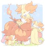  2016 animal_ear_fluff branch closed_eyes closed_mouth dated delphox fennekin fire furry grass holding holding_branch katiko multicolored_fur mushroom open_mouth orange_eyes orange_fur pokemon pokemon_(creature) red_fur sitting smile star_(symbol) twitter_username yellow_fur yellow_tail 