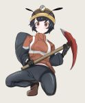  1girl ant_girl antennae arthropod_girl black_gloves black_hair borrowed_character brown_eyes english_commentary eto_oooo gloves highres holding holding_pickaxe jacket leggings looking_at_viewer mining_helmet original pickaxe short_hair solo very_short_hair 